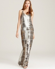 Gilded in sparkling sequins, this glamorous BCBGMAXAZRIA maxi dress touts side pockets for an unexpected casual edge. Gilded in sparkling sequins, this glamorous BCBGMAXAZRIA maxi dress touts side pockets for an unexpected casual edge.
