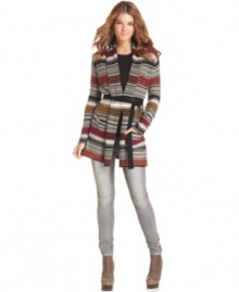 Southwestern patterns and classic blanket coats inspire BCBGMAXAZRIA's cool cardigan. Style it cute and casual with jeans and tee or glam it up with a flowing maxi dress