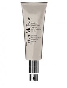 Trish's Beauty Booster tinted moisturizer SPF 20 hydrates and protects while providing ultra-light buildable coverage for a look of naturally Even Skin®. It contains hyaluronic acid to boost skin's moisture levels, antioxidants to disarm free radicals, and UVA/UVB broad spectrum protection to help prevent sun damage. Made in USA. Trish's Beauty Booster tinted moisturizer SPF 20 hydrates and protects while providing ultra-light buildable coverage for a look of naturally Even Skin®. It contains hyaluronic acid to boost skin's moisture levels, antioxidants to disarm free radicals, and UVA/UVB broad spectrum protection to help prevent sun damage. Made in USA.