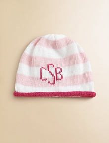 Sure to become a keepsake, this adorable hat combines both style and practicality in one great gift. Crafted in a combination of wide stripes with a rolled edge and the softness of pure cotton. CottonMachine washMade in USAFOR PERSONALIZATION Select a quantity, then scroll down and click on PERSONALIZE & ADD TO BAG to choose and preview your personalization options. Please allow 4-6 weeks for delivery. Sure to become a keepsake, this adorable hat combines both style and practicality in one great gift. Crafted in a combination of wide stripes with a rolled edge and the softness of pure cotton. CottonMachine washMade in USAFOR PERSONALIZATION Select a quantity, then scroll down and click on PERSONALIZE & ADD TO BAG to choose and preview your personalization options. Please allow 4-6 weeks for delivery.