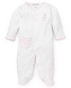 This lovely footie is adorned with contrast gingham trim at the neck, sleeve and toe, as well as the front patch pocket.
