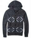 This Rocawear cardigan will keep you toasty in style, with a hood and on-trend knit pattern design.