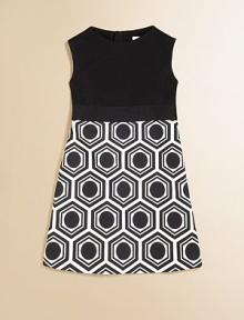 An eye-catching, geometric print on cotton sateen meets a jersey top and grosgrain waist detail for a striking ensemble.Round necklineCap sleevesHidden back zipperTile: 100% cottonJersey: 85% viscose/11% nylon/4% elastaneDry cleanMade in the USA of imported fabric An eye-catching, geometric print on cotton sateen meets a jersey top and grosgrain waist detail for a striking ensemble.Round necklineCap sleevesHidden back zipperTile: 100% cottonJersey: 85% viscose/11% nylon/4% elastaneDry cleanMade in the USA of imported fabric