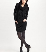 Rich, wool knit topper with a deep cowl collar to cinch closed with drawstrings.Convertible cowl collar Snap front Patch pockets Long sleeves Rib knit trim About 35½ from shoulder to hem Wool Dry clean Imported