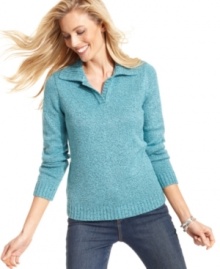 Karen Scott's soft sweater features chic marled knit and a variety of smart colors to choose from! Pair it with jeans for essential weekend style.