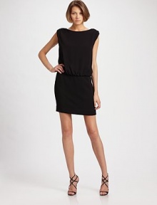 Crepe knit style is softened with a slightly dropped, shirred waist and a deep V neckline in the back.Bateau front neckline dips to a V in the back Shirred shoulders Sleeveless Shirred waist Concealed back zipper Fully lined About 25¾ from shoulder to hem 73% triacetate/27% polyester Dry clean Imported