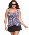 Ruffles and a pretty floral print look cute as can be on 24th & Ocean's plus size tankini top! The tulip-wrap hem adds a unique touch, too.