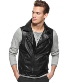 Rock a slick downtown look with this moto-inspired leather zip-up vest from Calvin Klein. Rock a slick downtown look with this moto-inspired leather zip-up vest from Calvin Klein.