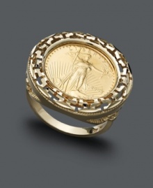Looking for a change? This unique design highlights an antique-inspired coin center edged by a Greek key pattern. Crafted in 14k gold. Looking for a change? This unique design highlights an antique-inspired coin center edged by a Greek key pattern. Crafted in 14k gold.