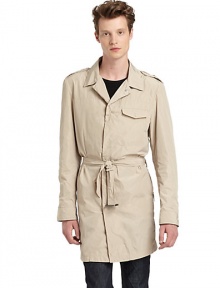 THE LOOKShirt collarConcealed front button closureLong button cuff sleeves with zipper accentEpaulettesSeam detailsFlap chest pocketPerforated under arm detailsSide zip pocketsSelf-tie belt with buckle accentBack gun flapBack vented hemOne inside zip pocketTHE MATERIALPolyesterPartially linedCARE & ORIGINDry cleanMade in Italy THE LOOKShirt collarConcealed front button closureLong button cuff sleeves with zipper accentEpaulettesSeam detailsFlap chest pocketPerforated under arm detailsSide zip pocketsSelf-tie belt with buckle accentBack gun flapBack vented hemOne inside zip pocketTHE MATERIALPolyesterPartially linedCARE & ORIGINDry cleanMade in Italy