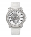 Show your pedigree and layer on the sparkling crystals with Juicy Couture's watch. White jelly strap and round stainless steel case. Bezel crystallized with Swarovski elements. Textured white dial features an inner dial of Swarovski crystals ringed by the phrase Time for Couture, black numerals, crystal-accented subdial at six o'clock and logo. Quartz movement. Water resistant to 30 meters. Two-year limited warranty.