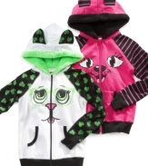 Pick out a cozy kitty or a pretty puppy, these hoodies from Belle du Jour are cute and colorful.