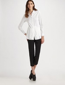 Slim, streamlined capris of woven stretch wool with an Italian attitude.Bandless waist Front and back darts Flat front Side zip closure Slim leg Inseam, about 26 96% wool/4% elastane Dry clean Made in Italy Slim, streamlined capris of woven stretch wool with an Italian attitude.Bandless waist Front and back darts Flat front Side zip closure Slim leg Inseam, about 26 96% wool/4% elastane Dry clean Made in Italy