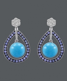 Sumptuous sparkle. Carlo Viani's vivacious drop earrings shine with the addition of round-cut turquoise (14-1/2 mm), round-cut tanzanite (1-1/5 ct. t.w.) and white sapphire-encrusted posts (1/2 ct. t.w.). Crafted in 14k white gold. Approximate drop: 1-1/10 inches. Sumptuous sparkle. Carlo Viani's vivacious drop earrings shine with the addition of round-cut turquoise (14-1/2 mm), round-cut tanzanite (1-1/5 ct. t.w.) and white sapphire-encrusted posts (1/2 ct. t.w.). Crafted in 14k white gold. Approximate drop: 1-1/10 inches.