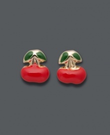 For a style that's delightful and delicious -- add fashion and flavor. 14k gold cherry stud earrings feature red and green enamel accents. Approximate diameter: 1/8 inch. For a style that's delightful and delicious -- add fashion and flavor. 14k gold cherry stud earrings feature red and green enamel accents. Approximate diameter: 1/8 inch.