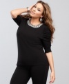 INC updates a plus size sweater with flirty ruched sleeves and a dazzling jeweled, beaded collar!