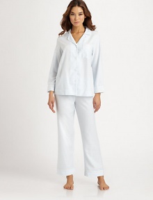 Subtle touches of tone-on-tone embroidery add a feminine edge to these classic pajamas, tailored in the softest brushed cotton flannel.Notched collarButton frontChest pocketLong sleevesEmbroidered details on cuffs and pocketElastic waist pantsInseam, about 29CottonMachine washImported Subtle touches of tone-on-tone embroidery add a feminine edge to these classic pajamas, tailored in the softest brushed cotton flannel.Notched collarButton frontChest pocketLong sleevesEmbroidered details on cuffs and pocketElastic waist pantsInseam, about 29CottonMachine washImported