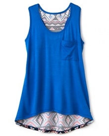 A flowing tank with cleverly contrasting front and back panels and a patch pocket at the left chest. A flowing tank with cleverly contrasting front and back panels and a patch pocket at the left chest.