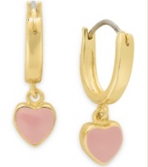 Share the love. Lily Nily's children's drop hoop earrings are set in 18k gold over sterling silver with pink enamel hearts adding a vibrant touch. Item comes packaged in a signature Lily Nily Gift Box. Approximate drop: 3/4 inch. Approximate width: 1/4 inch.