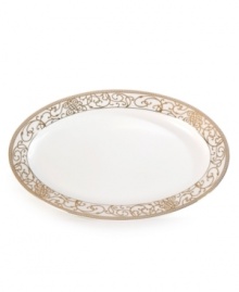 Intricate trim and scrolling vines in lavish gold make the Cru Athena oval platter a fine-dining sensation and, in dishwasher-safe bone china, a dream for after dinner as well. Intricate trim and scrolling vines in lavish gold make the Cru Athena oval platter a fine-dining sensation and, in dishwasher-safe bone china, a dream for after dinner as well.
