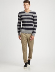 A modernized version of the favorite striped sweater, crafted with a fine-gauge softness by the label defining contemporary knitwear. V-neck84% merino wool/8% baby camel/8% nylonDry cleanImported A modernized version of the favorite striped sweater, crafted with a fine-gauge softness by the label defining contemporary knitwear. V-neck84% merino wool/8% baby camel/8% nylonDry cleanImported