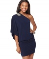 A beaded applique adds the a look of luxe to this Tempted one-shoulder mini dress -- perfect for a  glam look!