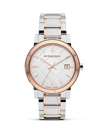 A two tone bracelet lends a hit of luxury to this richly styled Burberry watch, crafted of stainless steel with rose gold plated accents.