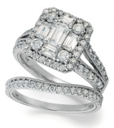 A true sight to see, Emerelle Collection's truly unique ring set features an engagement ring with round and emerald-cut diamonds in a square pattern, as well a split-band design accented by diamonds. A complementary wedding band features a seamless row of round-cut diamonds as well (total 2-1/4 ct. t.w.). Crafted in 14k white gold.