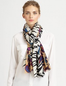 Colorful, contrasting zebra and paisley patterns are double-side printed on buttery soft cashmere with eyelash trim.CashmereAbout 36 X 80Dry cleanImported Colorful, contrasting zebra and paisley patterns are double-side printed on buttery soft cashmere with eyelash trim.CashmereAbout 36 X 80Dry cleanImported