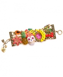 Isn't she charming? Betsey Johnson combines a white skull with fruit accents, including pineapple, yellow bananas, red cherries, orange papaya, and red flowers. A purple and green snake and colorful crystal accents top it all off. Setting and toggle clasp crafted in antique gold-plated mixed metal. Approximate length: 7-1/2 inches. Isn't she charming? Betsey Johnson combines a white skull with fruit accents, including pineapple, yellow bananas, red cherries, orange papaya, and red flowers. A purple and green snake and colorful crystal accents top it all off. Setting and toggle clasp crafted in antique gold-plated mixed metal. Approximate length: 7-1/2 inches.