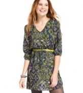 Come and go in BeBop's three-quarter sleeve belted sheath dress. A dynamic print creates style that moves seamlessly from day to thrilling night.