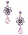 Pastel perfection. Betsey Johnson's sweet earring style combines purple and pink crystal flowers with a shimmering teardrop and post setting. Crafted in antique gold-plated mixed metal. Approximate drop: 1-1/2 inches.