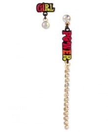 To show you're a real wonder woman, it doesn't hurt to have some girl power first. This pair of mismatch earrings from Betsey Johnson is crafted from gold-tone mixed metal with glass crystal accents for a glistening touch. Approximate drop: 3/4-3-3/4 inches. To show you're a real wonder woman, it doesn't hurt to have some girl power first. This pair of mismatch earrings from Betsey Johnson is crafted from gold-tone mixed metal with glass crystal accents for a glistening touch. Approximate drop: 3/4-3-3/4 inches.
