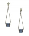 Simple and sophisticated. A clean, linear silhouette defines Kenneth Cole New York's minimalist drop earrings. Embellished by blue baguette crystals and a round crystal post, they're set in hematite tone mixed metal. Approximate drop: 2-1/10 inches.