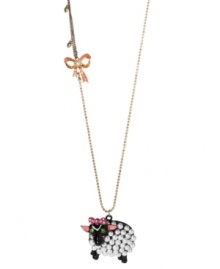 A cute ewe made just for you. Betsey Johnson's sweet pendant necklace features a black sheep with glass pearls, light pink enamel and crystal accents, plus a petite ribbon charm. Crafted in antique gold tone mixed metal. Approximate length: 32 inches + 3-inch extender. Approximate drop: 1-3/4 inches.