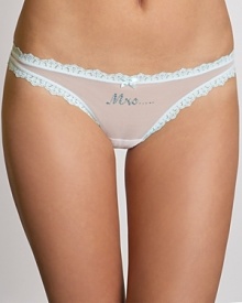 A sexy sheer thong with contrast lace trim and a rhinestone embellished MRS on front.