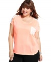 Showcase one of the season's hottest trends with Soprano's short sleeve plus size top, featuring lace trim!