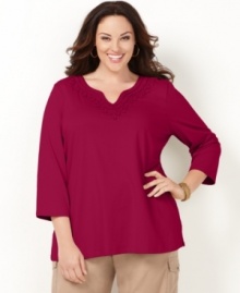 Crafted applique lends a chic feel to Charter Club's three-quarter sleeve plus size top-- snag all the colors at an Everyday Value price! (Clearance) Crafted applique lends a chic feel to Charter Club's three-quarter sleeve plus size top-- snag all the colors at an Everyday Value price! (Clearance)