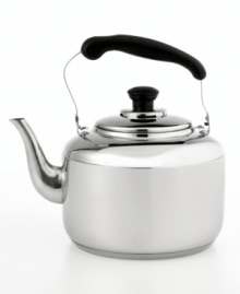 Add a little elegance to your tea service with this classic stainless steel tea kettle. Polished to a brilliant shine, it has an aluminum-encapsulated base to help water boil faster. Limited lifetime warranty. Add a little elegance to your tea service with this classic stainless steel tea kettle. Polished to a brilliant shine, it has an aluminum-encapsulated base to help water boil faster. Limited lifetime warranty.