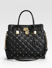 A structured design in luxurious, quilted leather accented with chic, signature hardware and shiny pyramid studs.Double top handles, 4¾ dropChain and leather shoulder strap, 12½ dropMagnetic snap closureProtective metal feetOne inside zip pocketFour inside open pocketsOne key hookCotton lining14¼W X 13H X 5½DImported A structured design in luxurious, quilted leather accented with chic, signature hardware and shiny pyramid studs.Double top handles, 4¾ dropChain and leather shoulder strap, 12½ dropMagnetic snap closureProtective metal feetOne inside zip pocketFour inside open pocketsOne key hookCotton lining14¼W X 13H X 5½DImported