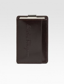 Clean and classic in stamped calfskin leather with an engraved metal clip. 4 X 7 Made in Italy Clean and classic in stamped calfskin leather with an engraved metal clip. 4 X 7 Made in Italy