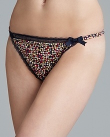 Feel fabulous in this printed, lace-trimmed, crepe thong. Feel fabulous in this printed, lace-trimmed, crepe thong.
