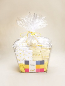 Lots and lots of little quackers appear all over this set of great essentials for baby. Packaged in reusable cellophane-wrapped metal and vinyl basket. Lots and lots of little quackers appear all over this set of great essentials for baby. Packaged in reusable cellophane-wrapped metal and vinyl basket.