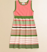 A sweet and colorful design with multi-colored stripes and a ribbed waistband. Scoop neckSleevelessPull-on styleRibbed waistbandA-line skirt72% viscose/28% elastaneDry cleanImported Additional InformationKid's Apparel Size Guide 