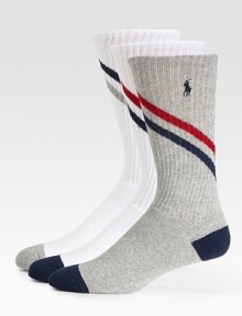 Ribbed classics with contrast toe and heel detail, signature logo embroidery, updated with stripe detail.3-PackLogo-embroideryMid-calf height78% cotton/20% polyester/2% spandexMachine washImported Ribbed classics with contrast toe and heel detail, signature logo embroidery, updated with stripe detail.3-PackLogo-embroideryMid-calf height78% cotton/20% polyester/2% spandexMachine washImported