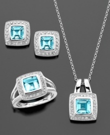 Blissful cushion-cut blue topaz (5-1/2 ct. t.w.) is highlighted by round-cut white topaz (1/2 ct. t.w.) and sparkling diamond accents in this eye-catching matching jewelry set. Crafted in sterling silver. Approximate length: 18 inches. Approximate drop: 3/4 inch. Approximate earring diameter: 1/2 inch. Ring Size 7. Blissful cushion-cut blue topaz (5-1/2 ct. t.w.) is highlighted by round-cut white topaz (1/2 ct. t.w.) and sparkling diamond accents in this eye-catching matching jewelry set. Crafted in sterling silver. Approximate length: 18 inches. Approximate drop: 3/4 inch. Approximate earring diameter: 1/2 inch. Ring Size 7.
