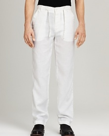 Pair with a tee during the day and add a jacket for dinner. Relaxed fit linen pant has drawstring waist, two front pockets and two back pockets with buttons. Zip fly with button closure. Pair with a tee during the day and add a jacket for dinner. Relaxed fit linen pant has drawstring waist, two front pockets and two back pockets with buttons. Zip fly with button closure.