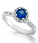 Simply stunning. This exquisite ring features a round-cut tanzanite (1/2 ct. t.w.) surrounded by a halo of round-cut diamonds (1/4 ct. t.w.). Set in sterling silver. Size 7.