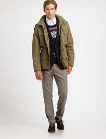 Welcome winter in style with this stylish parka silhouette, rendered in cotton with military-inspired details, for a finished look that is both functional and fashionable.Zip frontStand collarShoulder epaulettesChest, waist flap pocketsDrawstring waistAbout 29 from shoulder to hemCottonDry cleanImported Welcome winter in style with this stylish parka silhouette, rendered in cotton with military-inspired details, for a finished look that is both functional and fashionable.Zip frontStand collarShoulder epaulettesChest, waist flap pocketsDrawstring waistAbout 29 from shoulder to hemCottonDry cleanImported