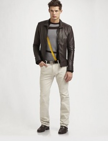 Sleek silhouette articulated in supple Italian leather, detailed with topstitched panels.Zip-front Long sleeves with topstitched cuffs Dual zip pockets Topstitched panels at sides Topstitched hem About 24¾ from shoulder to hem Leather Dry clean by leather specialist Made in Italy of Italian fabric Sleek silhouette articulated in supple Italian leather, detailed with topstitched panels.Zip-front Long sleeves with topstitched cuffs Dual zip pockets Topstitched panels at sides Topstitched hem About 24¾ from shoulder to hem Leather Dry clean by leather specialist Made in Italy of Italian fabric
